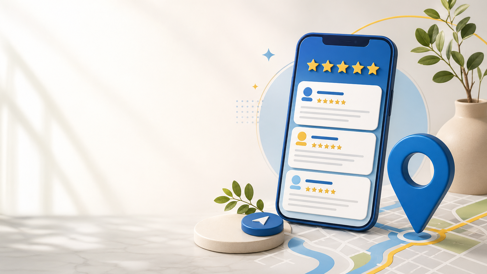 Illustration of a phone with review cards, star ratings, and a map pin for Rosa's Google Maps feedback.