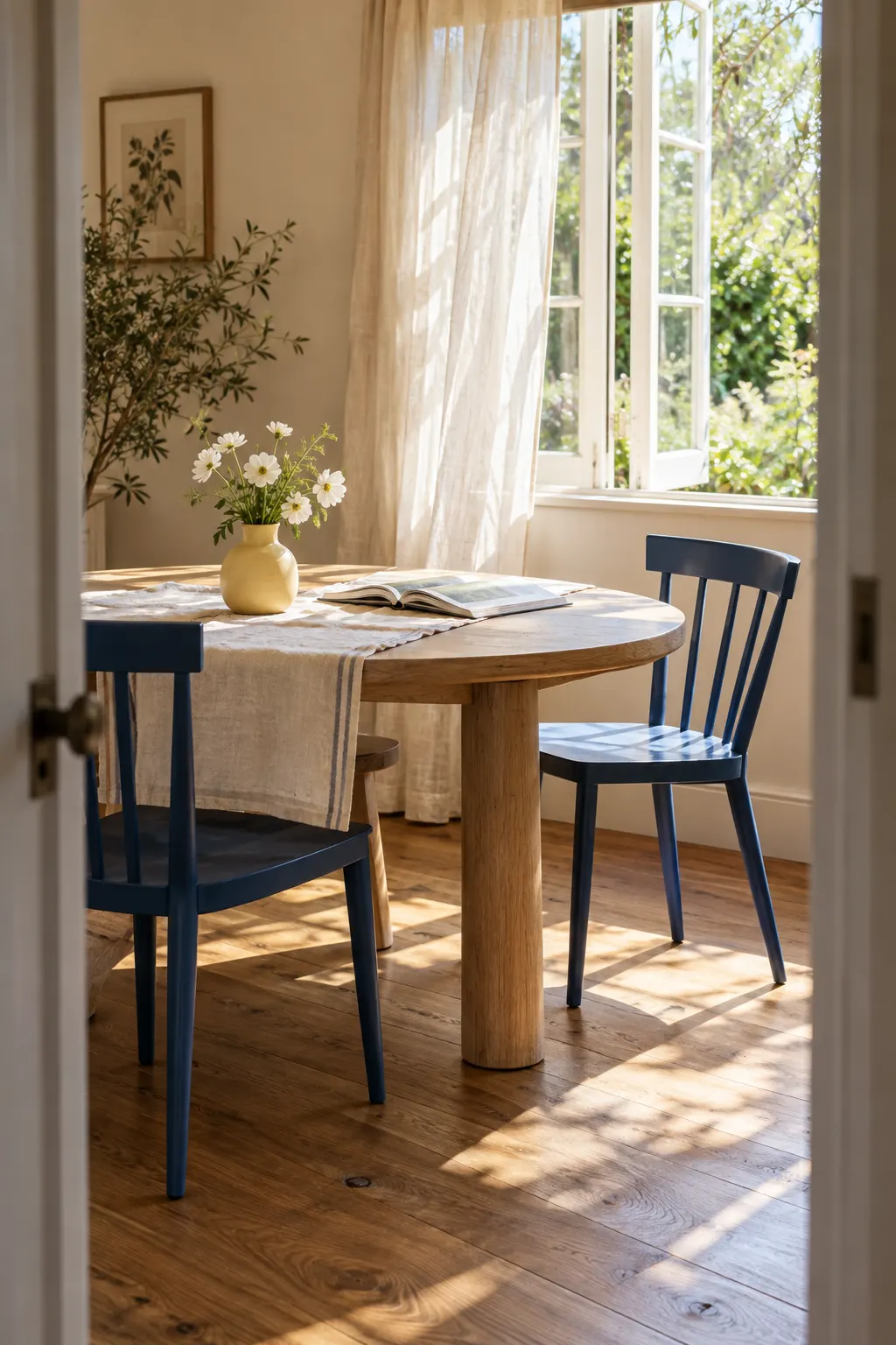 A sunlit dining nook with blue chairs, linen curtains, and fresh flowers