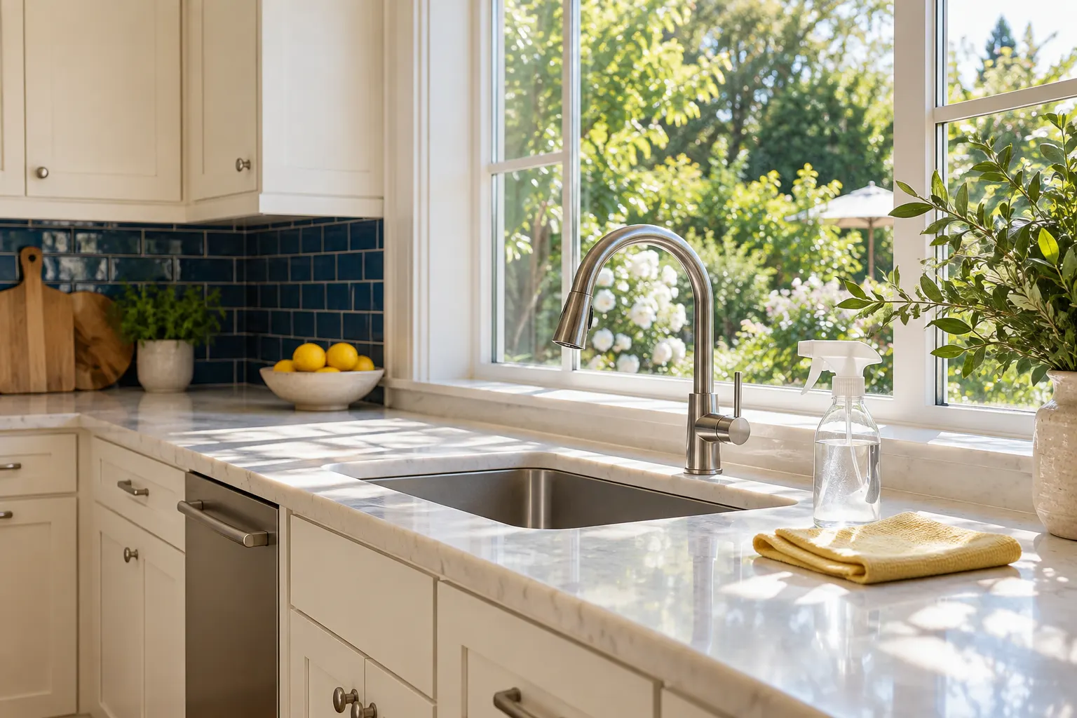 A bright kitchen sink with a folded yellow cloth beside the window
