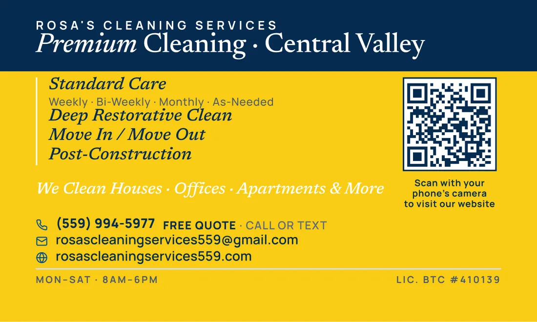 Rosa's Cleaning Services business card back with QR code and contact details